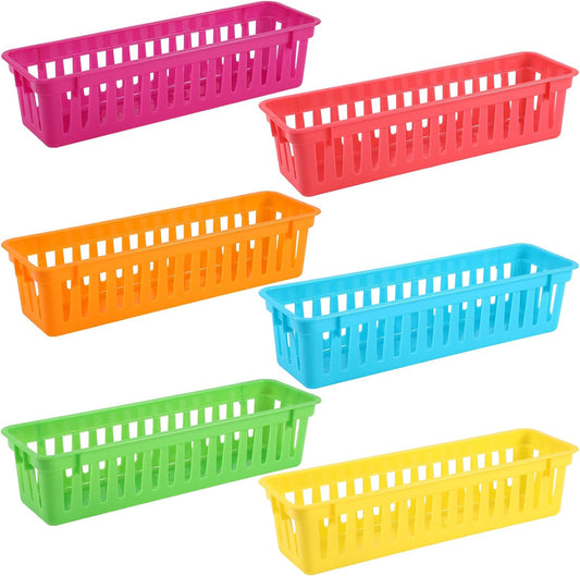 6 Pcs Colorful Slim Plastic Storage Baskets Tray 10 x 3 x 2.5 Inch Compact Stackable Desk Organizer for Office, Classroom, School Supplies, and Home Storage, Organization(Colorful)