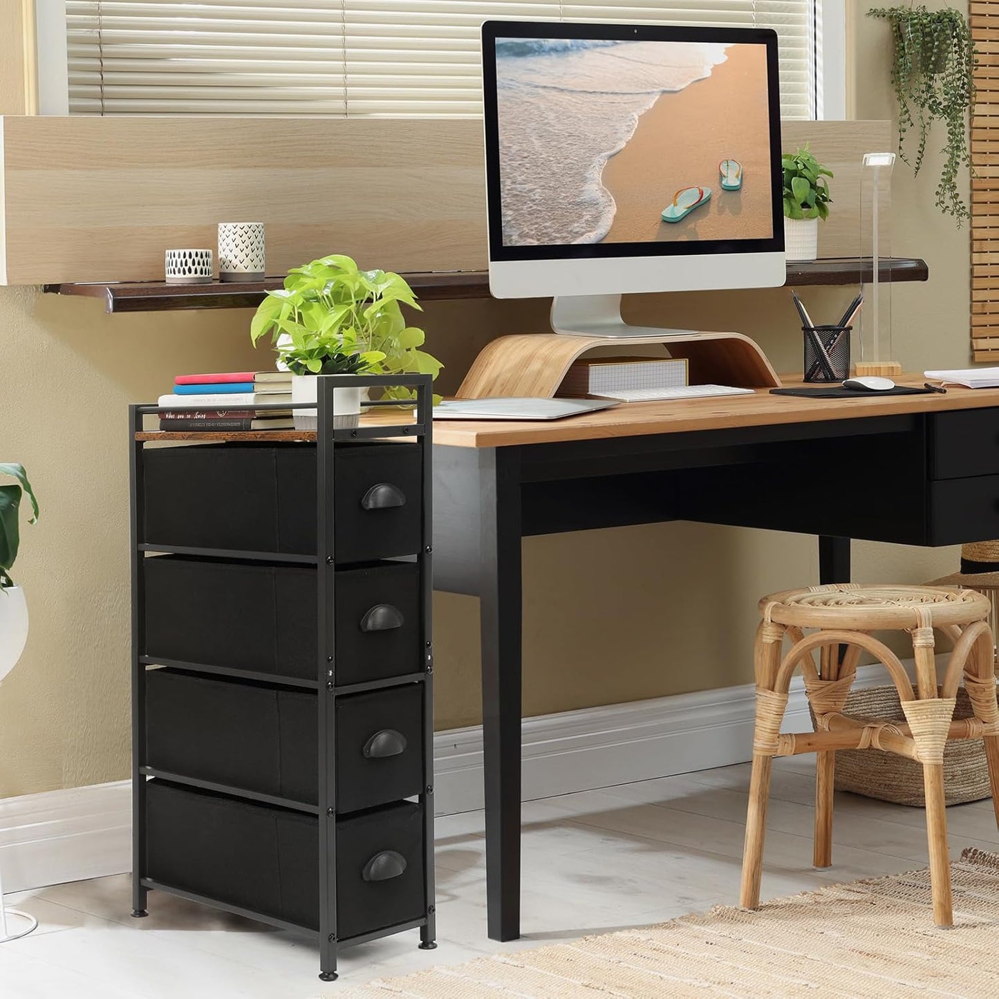 MOOACE Narrow Dresser Storage Tower with 4 Drawers, Slim Dresser Chest of Drawers, Vertical Small Fabric Dresser Standing, Wood Top Organizer for Bedroom, Bathroom & Laundry, Black/Brown