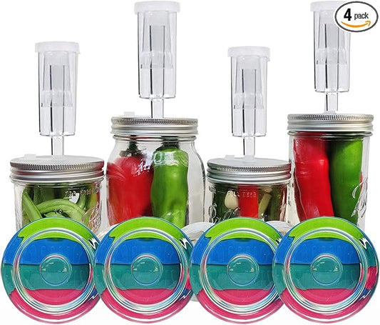4 Set Fermentation Kit for Wide Mouth Jars,4Pack Glass Weight+ 4 Stainless Steel Fermenting Lids with 4 Airlocks(Jars Not Included)