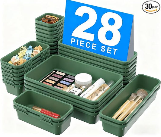 A-LuGei 【𝟮𝟴𝗣𝗖𝗦】 【𝟱𝗦𝗶𝘇𝗲】 ArmyGreen Drawer Organizer, Makeup organizer, 【Holds 177 Items】 Bathroom Organizers and Storage, Plastic Desk Organizer Divider, Organizer Bins for Office Vanity