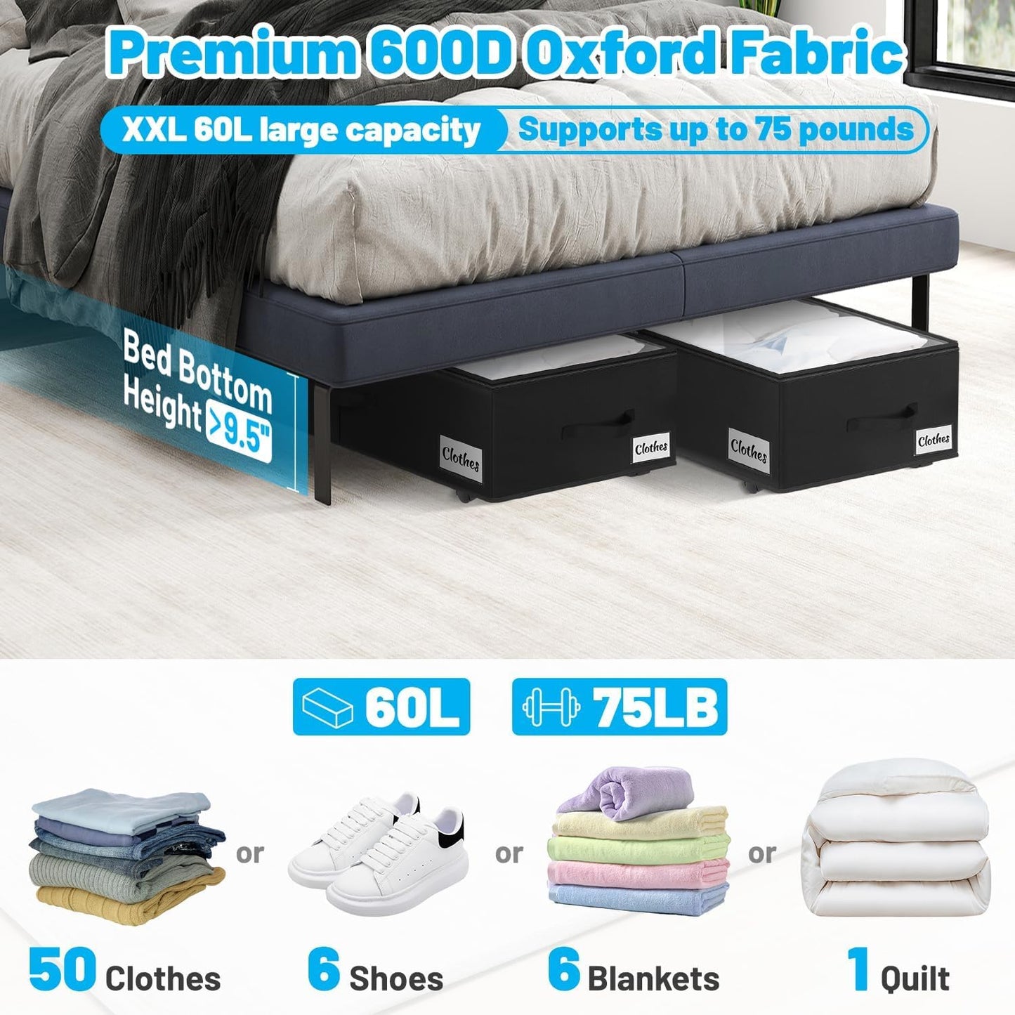 2 Pack Under Bed Storage with Wheels 10" Height, Rolling Storage Bins XXL 60L, Underbed Shoe Storage Containers with Label & Clear Lid, Dorm Under bed Drawers for Clothes, Shoes, Quick Assembly, Black