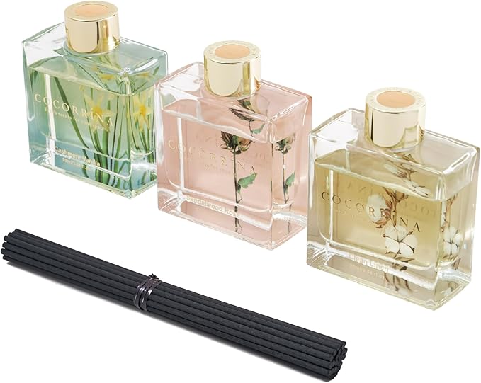 COCORRÍNA Reed Diffuser Set of 3-3 Pack/ 3.04 Fl.oz Diffuser with 24 Sticks Cashmere Vanilla/Sandalwood Rose/Clean Linen Reed Diffuser for Home Bathroom Office Decor