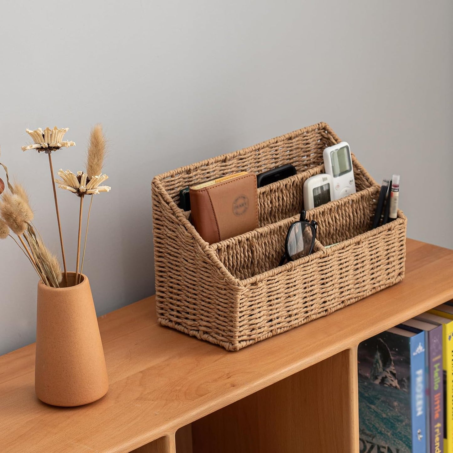 Woven Divided Storage Basket Desk Organizer Tabletop Mail Holder Countertop Paper Woven Basket Home Office Supplies (4 Compartments)