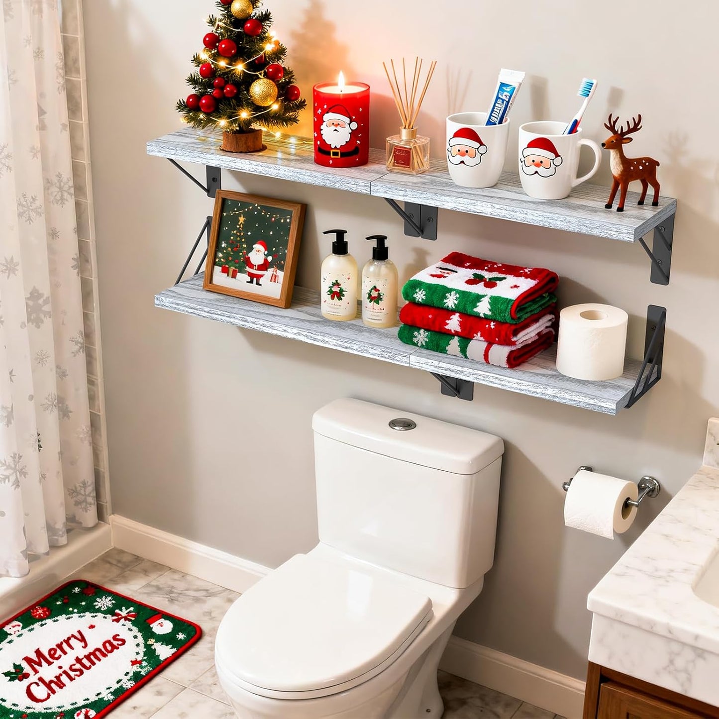 BAYKA Wall Shelves for Bedroom Decor, Floating Wall Shelves for Living Room Kitchen Storage, Mounted Rustic Wood Floating Shelves for Kids Books,Corner Shelves for Bathroom(Gray White，Set of 3)