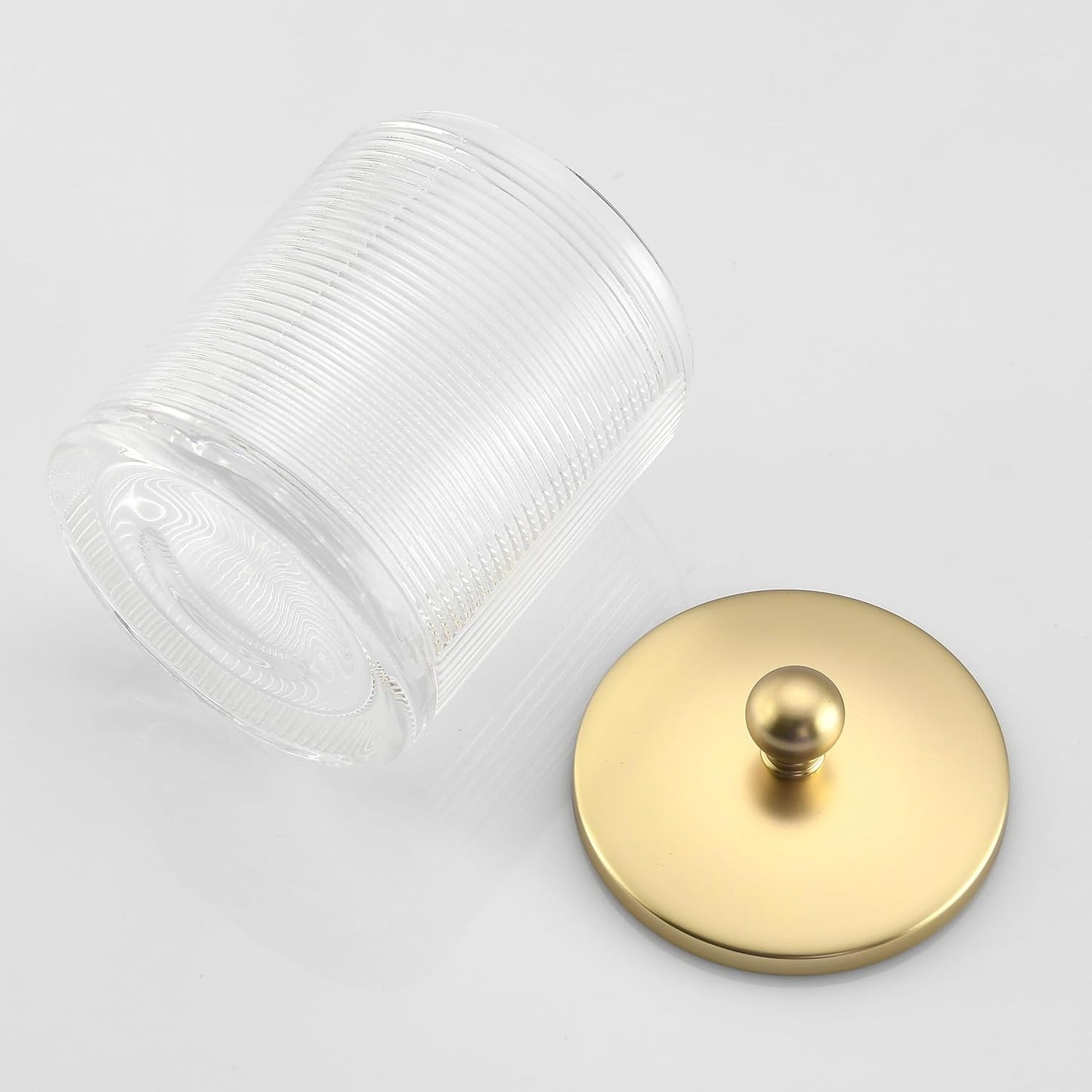 Clear Transparent Apothecary Ribbed Geometric Etched Glass Jar W/Gold Lid Cover for Bathroom Organization, Cotton Balls, Q Tips, and Small Accessories, Bathroom Storage