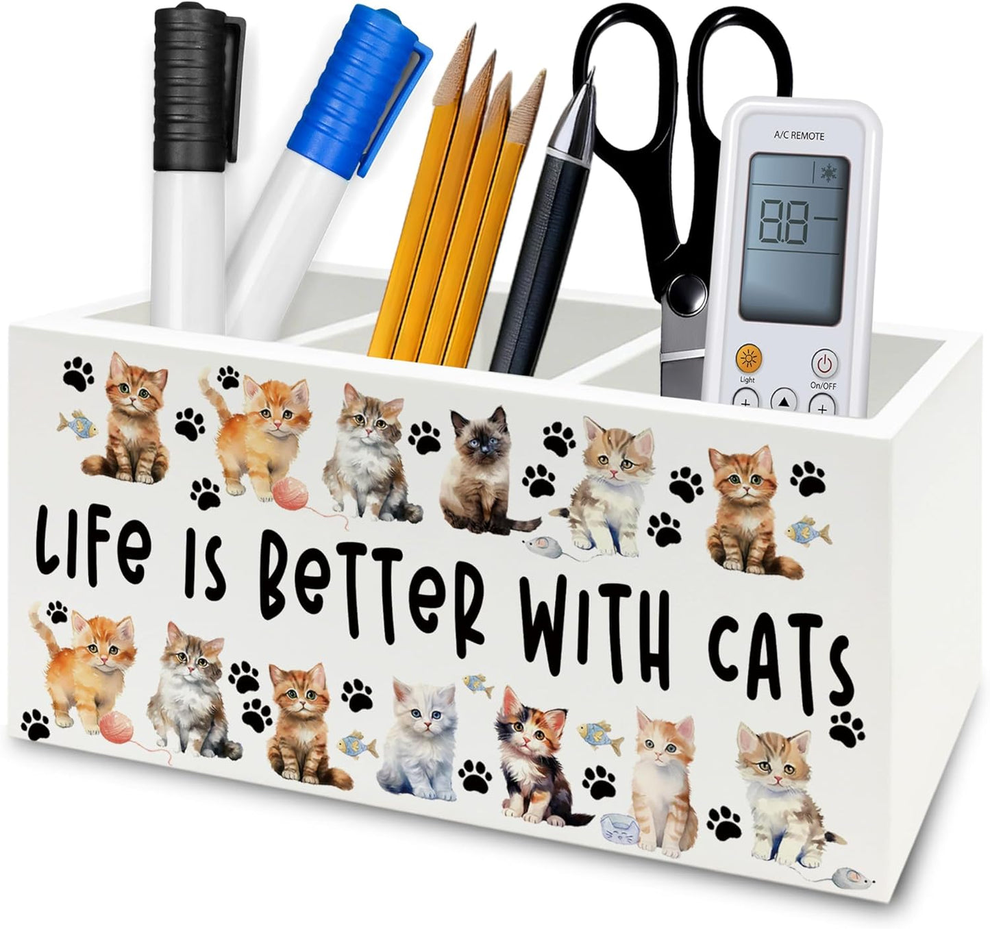 Cat Pen Pencil Holder Organizer for Desk, Cat Lovers Mom Lady Gifts for Women, Life Is Better with Cats Wooden Box Signs Decorations for Home Office Desk Tabletop, Gifts for Pet Lovers