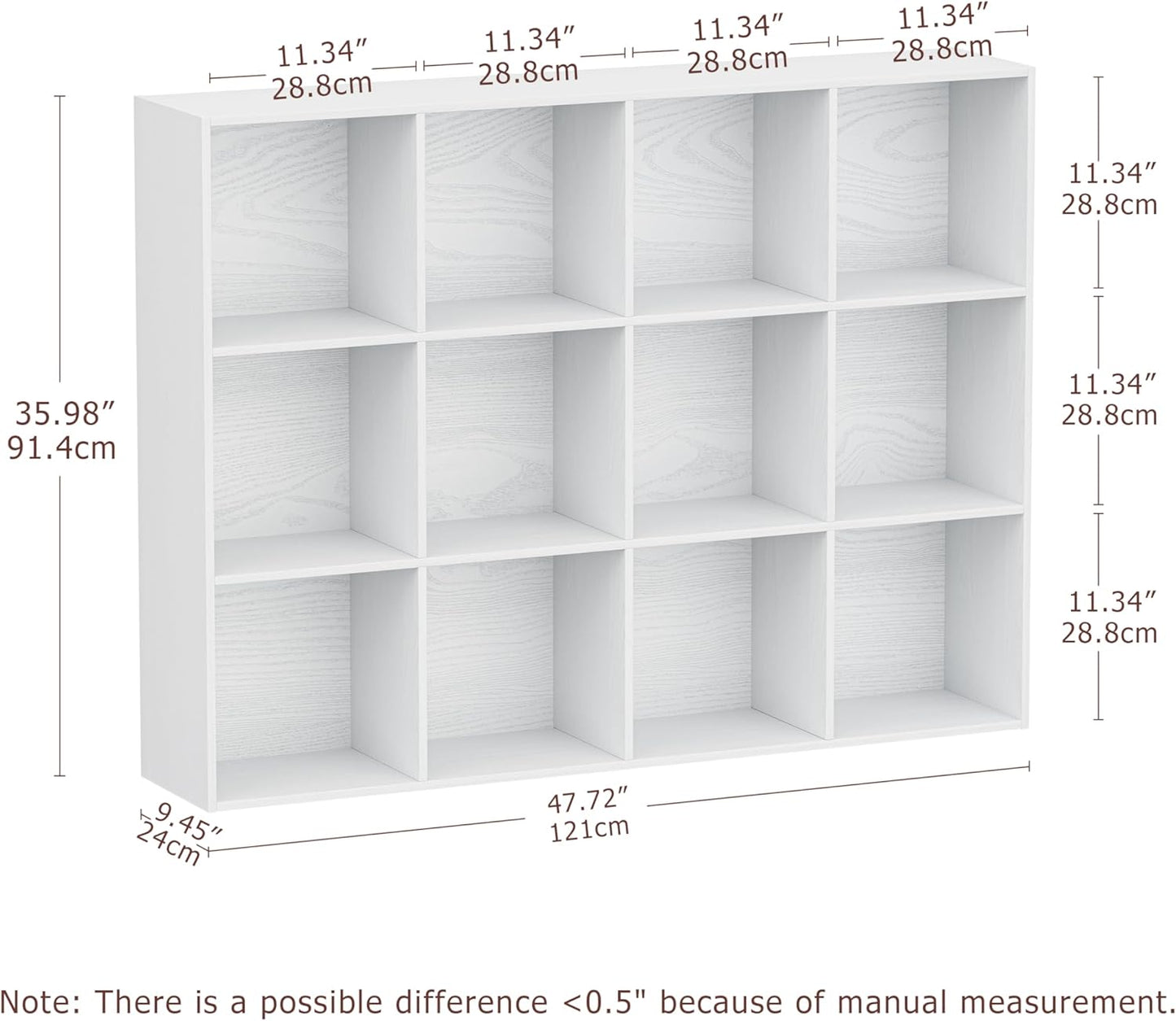 12 Cube Storage Organizer, Wooden Cube Shelves with Closed Back Panel, Reversible Bookcase, Toy Organizers and Storage for Home, Living Room, Kids Room, Office, 47.72" L x 9.45" W x 35.98" H, White