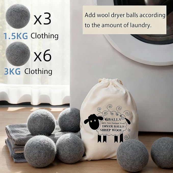 6 Pack Wool Dryer Balls Laundry Reusable Anti Static, Cotton Balls Wool Laundry Balls for Dryer Reduces Clothing Wrinkles Natural Fabric Softener Last 1000+ Loads (Dark Grey, 2.75 in/7 cm)