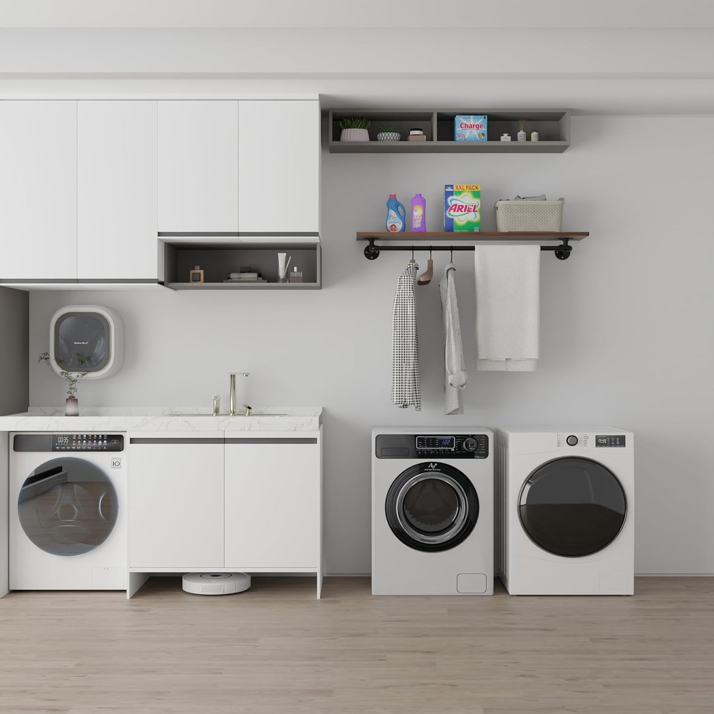 Clothes Rack 42in, Wall Mounted Garment Rack with Real Walnut Wood Shelf, Heavy Duty Hanging Clothes Rack, Multi-Purpose Hanging Rod, Space-Saving Closet Storage