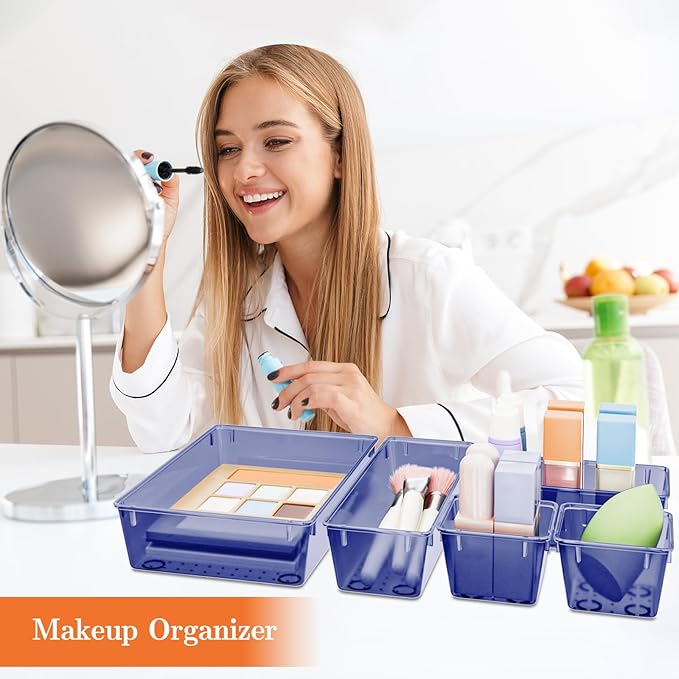 25 PCS Plastic Drawer Organizer Set, 4-Size Versatile Organizer Trays & storage Bins for Makeup, Jewelry, and Gadgets in Bathroom, Bedroom and Office,Dark Blue