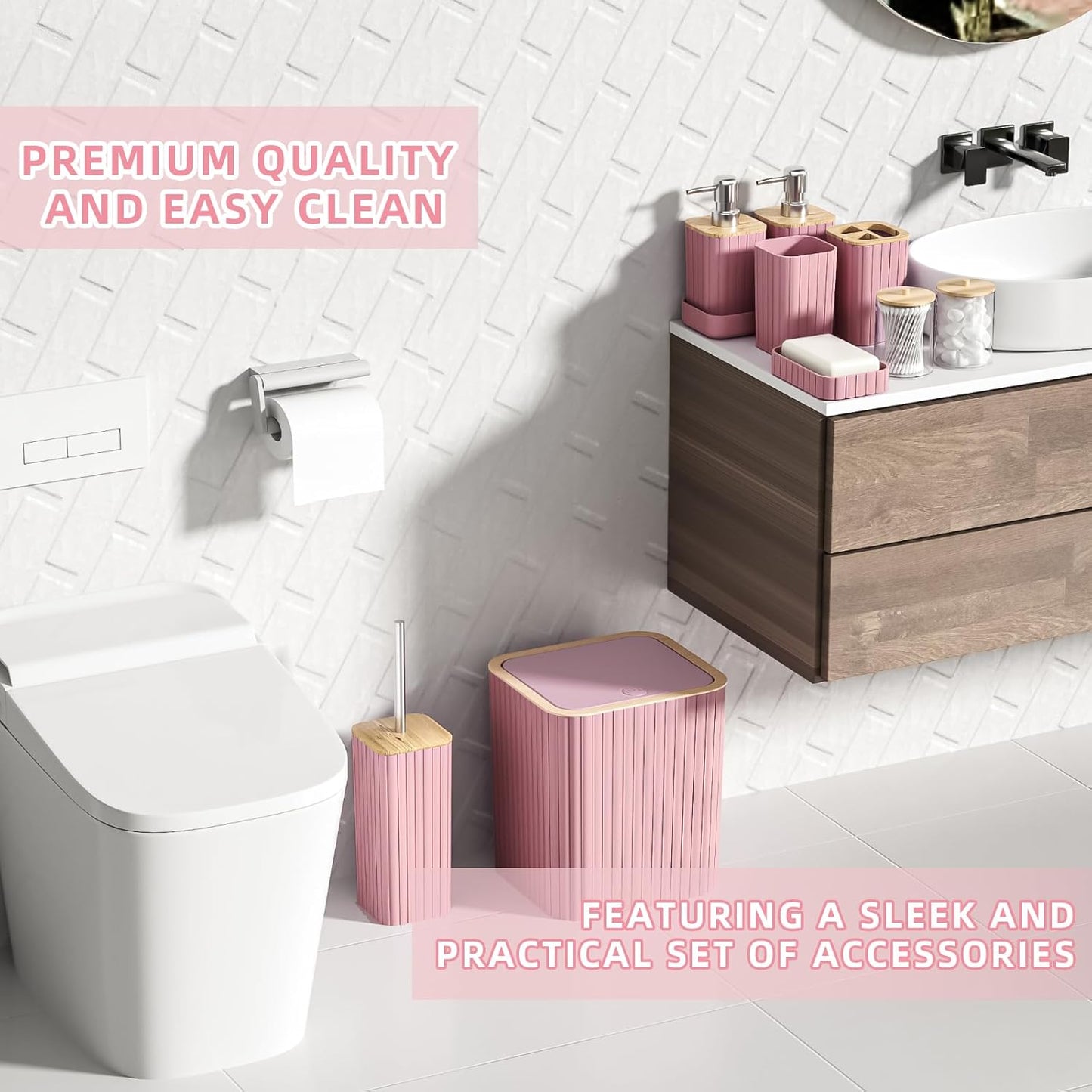 Bathroom Accessories Set - Elegant Pink Bathroom Set, 10PC Bathroom Accessory Set, Toilet Brush, Bathroom Trash Can