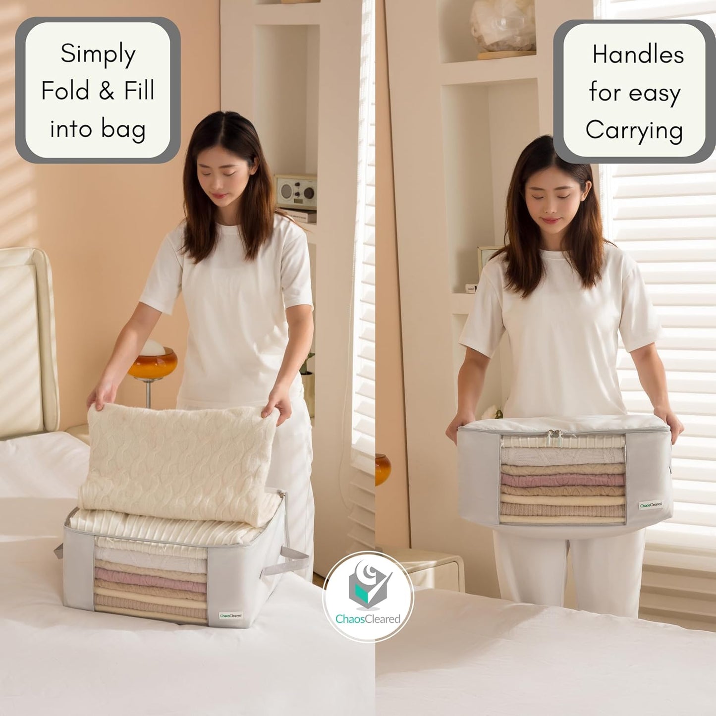 Clothing Storage Bags Clothes Organizer folding fabric bags for sweaters, clothing, garment, bedding, quilt, linens, large folding organizers with zip & window, mothproof underbed space saver bins