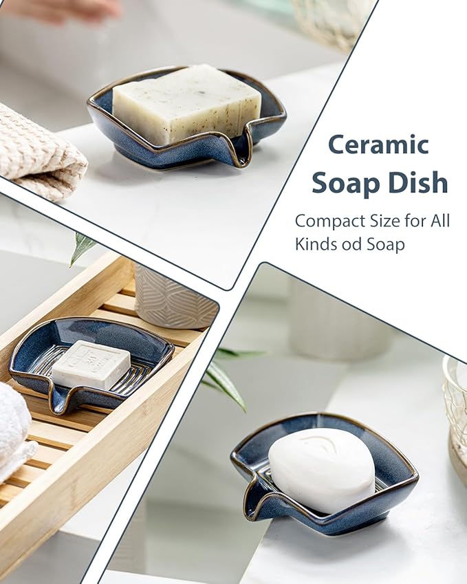 Ceramic Soap Dish, Bar Soap Holder with Drain Spout Self Draining Soap Saver for Shower Bathroom Kitchen Sink Bathtub, Keep Drying, Blue