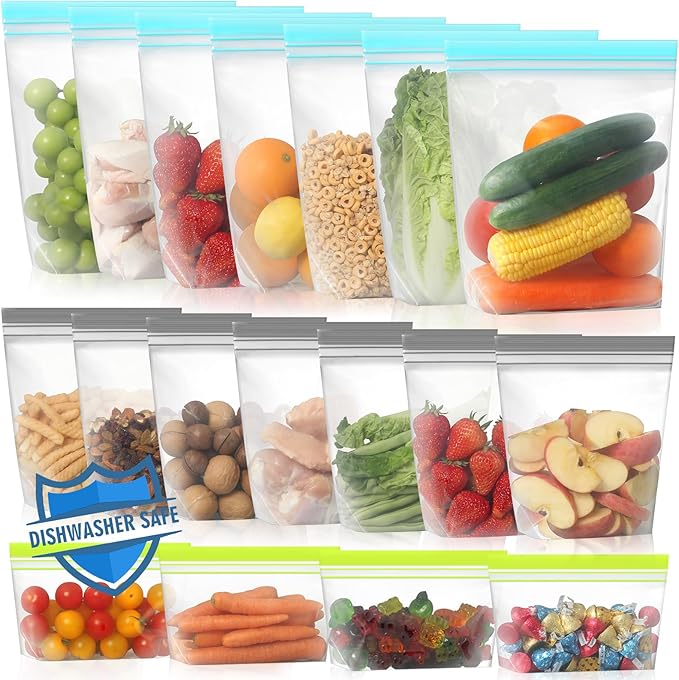 Lerine 18 Pack Reusable Freezer Bags Dishwasher Microwave Safe, Stand Up BPA Free Reusable Sandwich Bags, Silicone Free Leakproof Food Storage Bags for Meal Prep (Multicolor, 7Gallon 7Sandwich 4Snack)