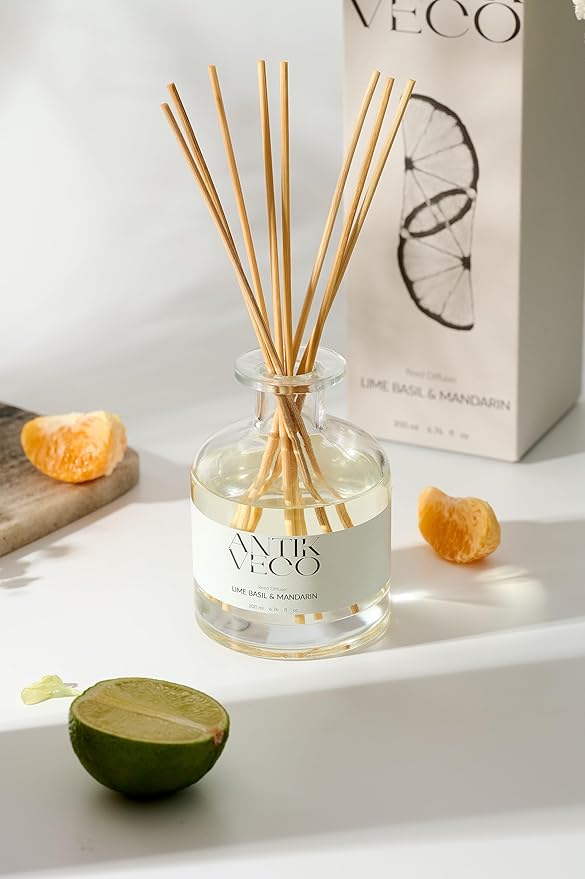 Lime Basil & Mandarin Reed Diffuser – Citrus & Herbal Diffuser for Home 6.7 fl oz – 8 Rattan Sticks – Premium Aromatherapy Oil – Elegant Glass Bottle – 90 Day Long Lasting Diffuser Set