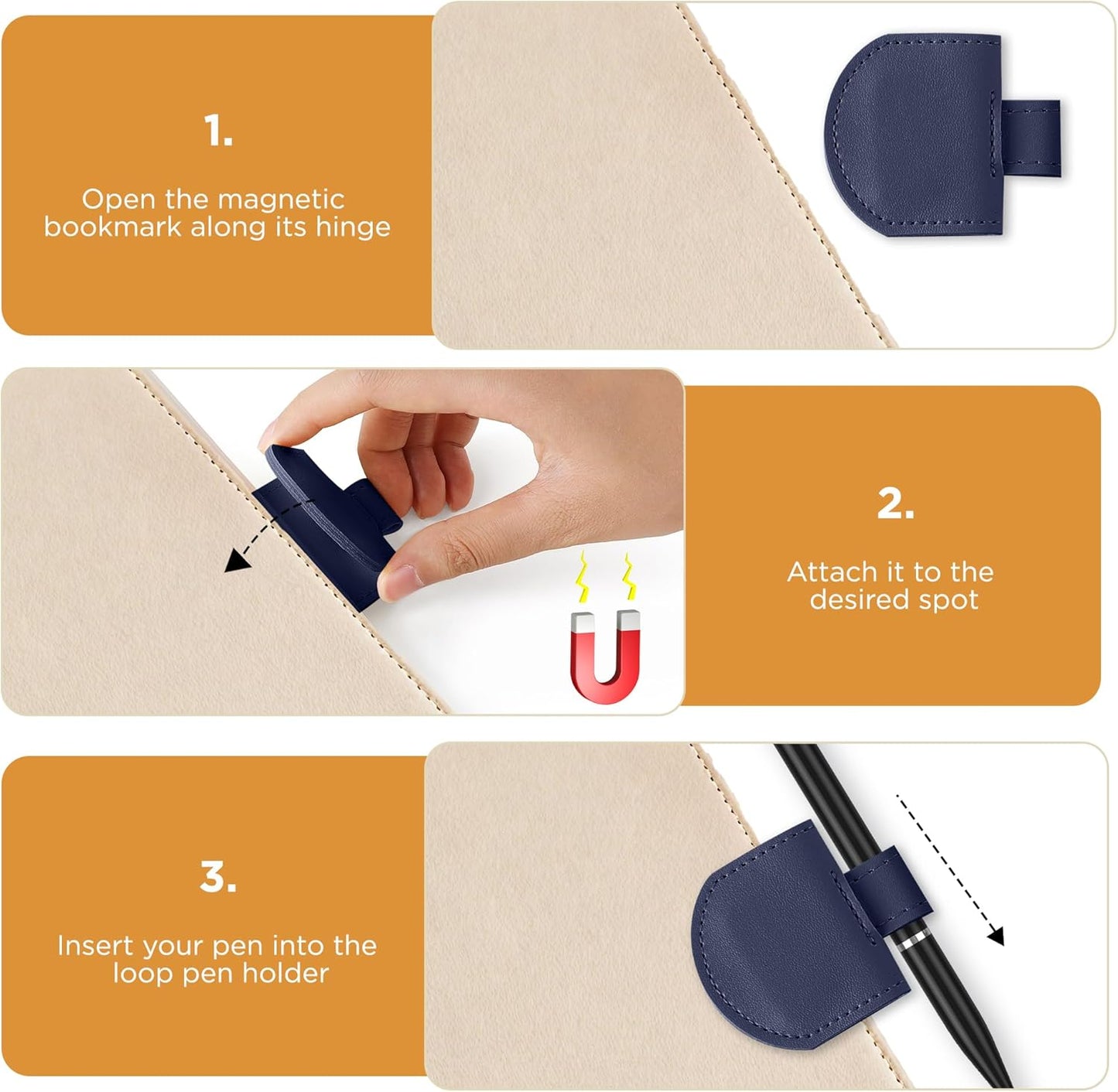 Magnetic Pen Loop Holder, Pencil Holder for Notebooks, Journals, Calendars, PU Leather 3 Pack