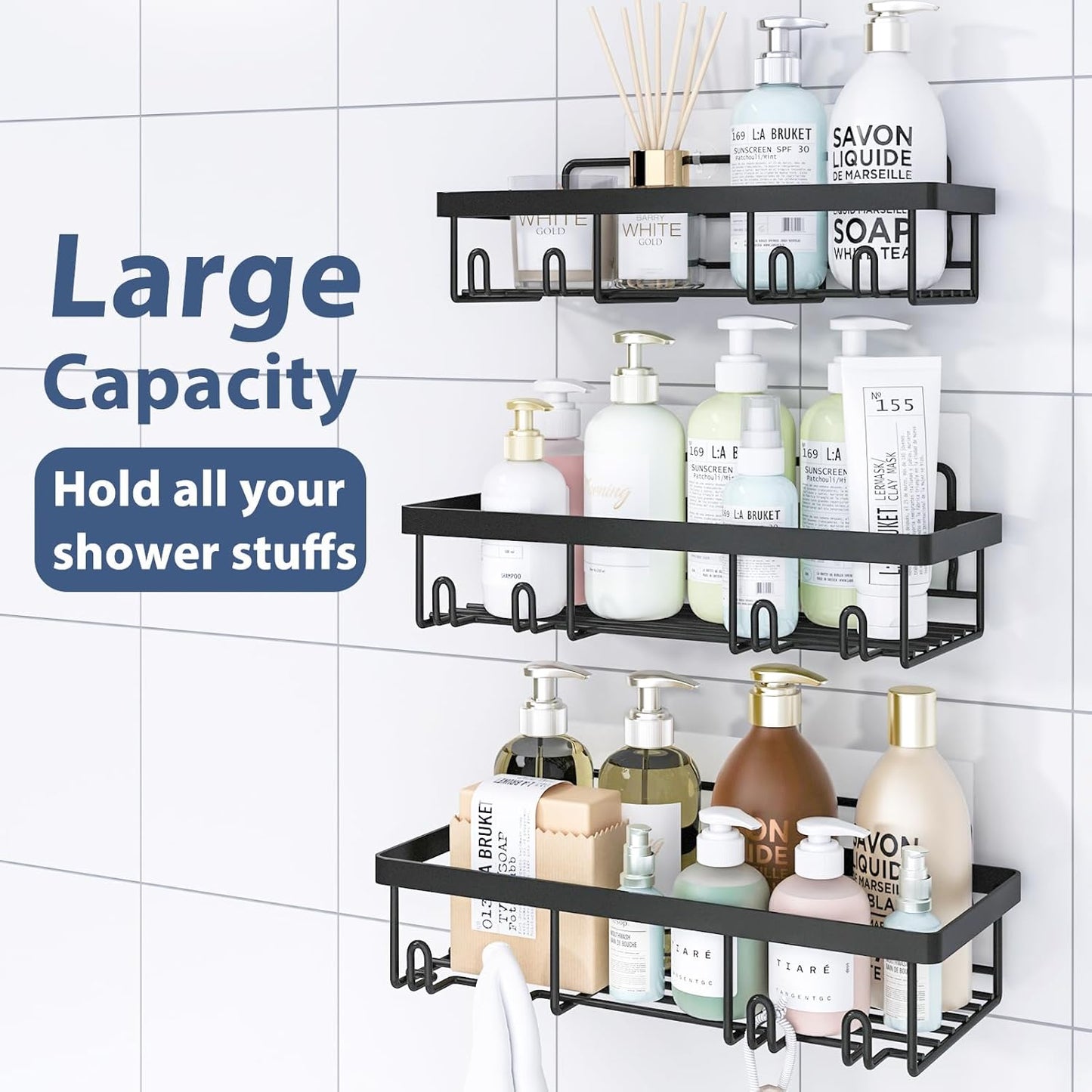 5 Pack Shower Caddy Organizer Rack Shelf for Inside Shower, Adhesive Bathroom Wall Storage Basket Rustproof Stainless Steel Shampoo Holder, Bathroom Accessory Decor Set, Black.