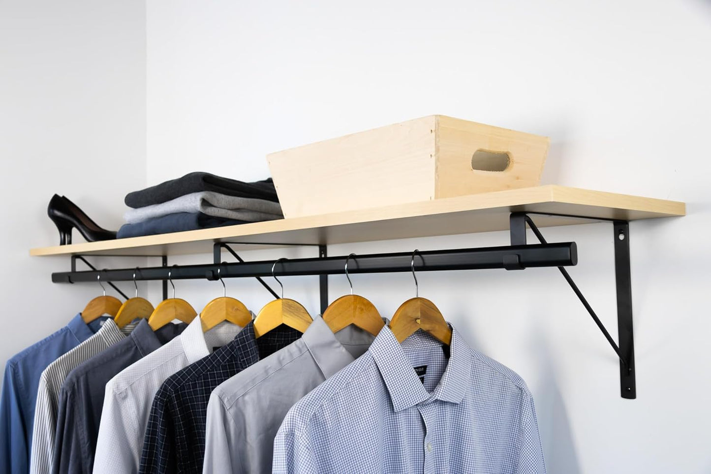 Custom Cut-to-Size Premium Wall-Mounted Shelf with Rod and Bracket Kit. 3/4" Thick Shelves, 14 inches deep. Customize The Length from 16" up to 72".