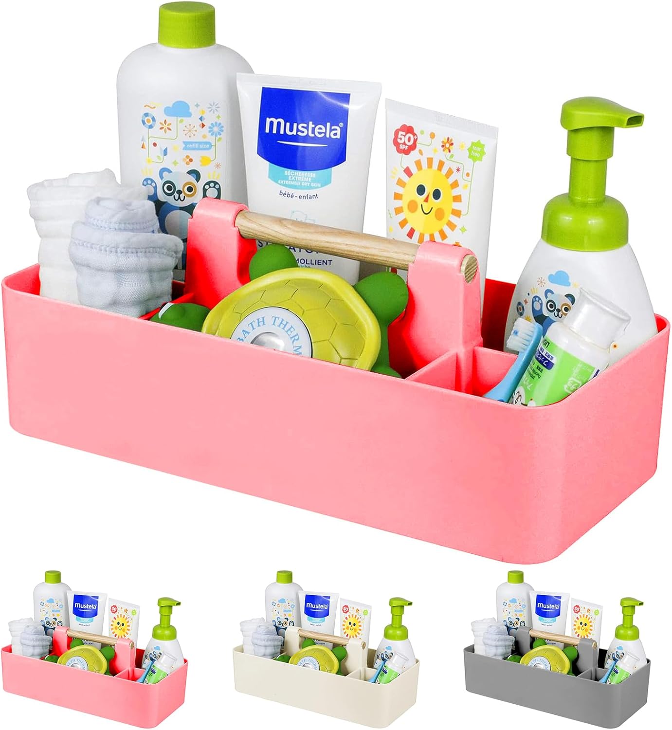 Baby Shower Caddy Plastic Nursery Portable Storage Organizer Caddy Tote for Child/Kids, Divided Basket Bin with Wood Handle for Bathroom, Dorm Room, Holds Hand Soap, Bottles, Spoons (Pink)