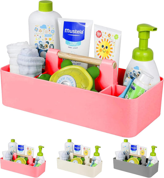 Baby Shower Caddy Plastic Nursery Portable Storage Organizer Caddy Tote for Child/Kids, Divided Basket Bin with Wood Handle for Bathroom, Dorm Room, Holds Hand Soap, Bottles, Spoons (Pink)