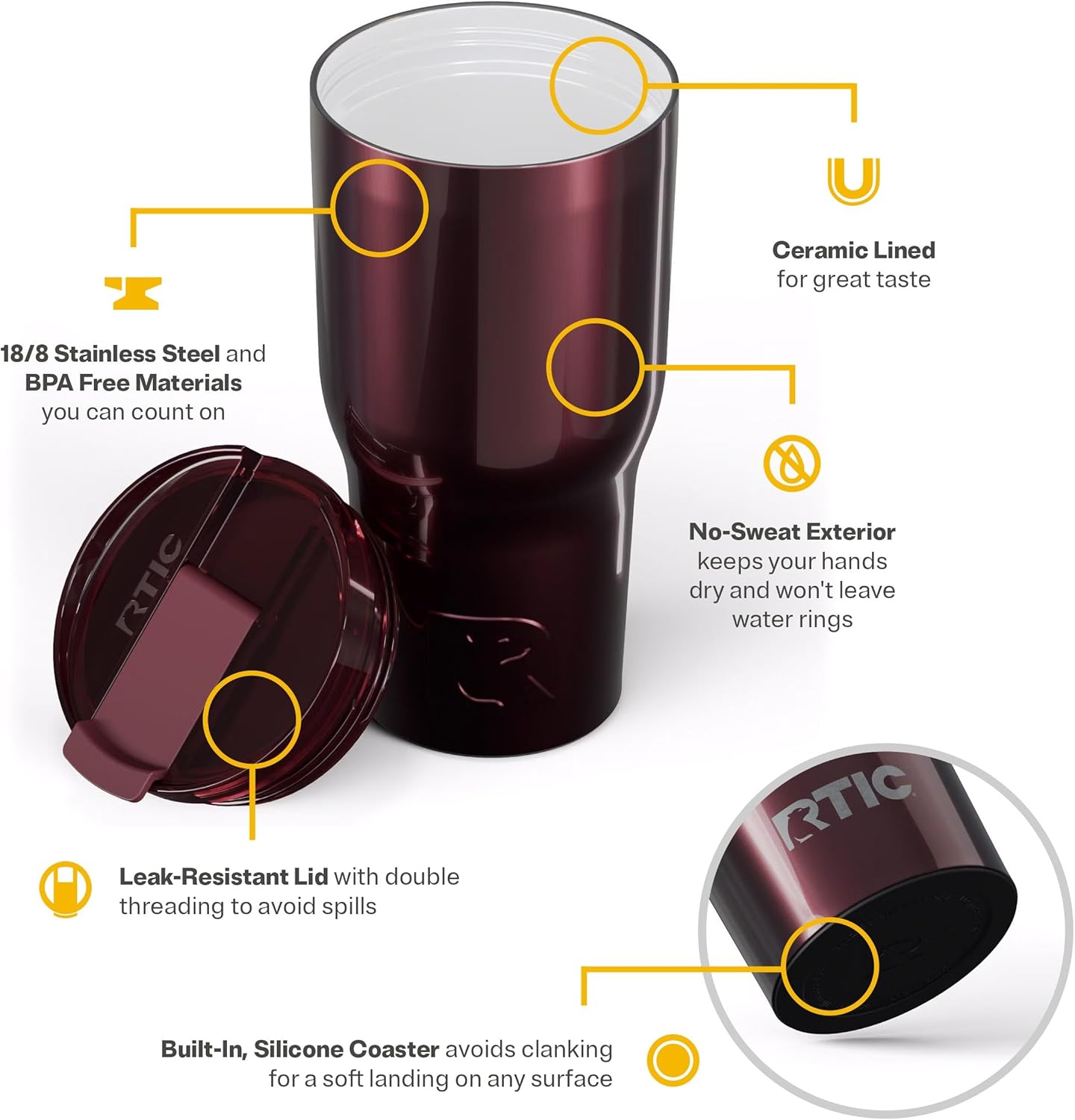 RTIC 30oz Essential Tumbler with Lid, Ceramic Lined, Insulated, Stainless Steel, Metal, Double Wall Vacuum-Insulation, Travel Cup for Iced Coffee, Tea, Hot and Cold Drink, Vintage Rose Metallic