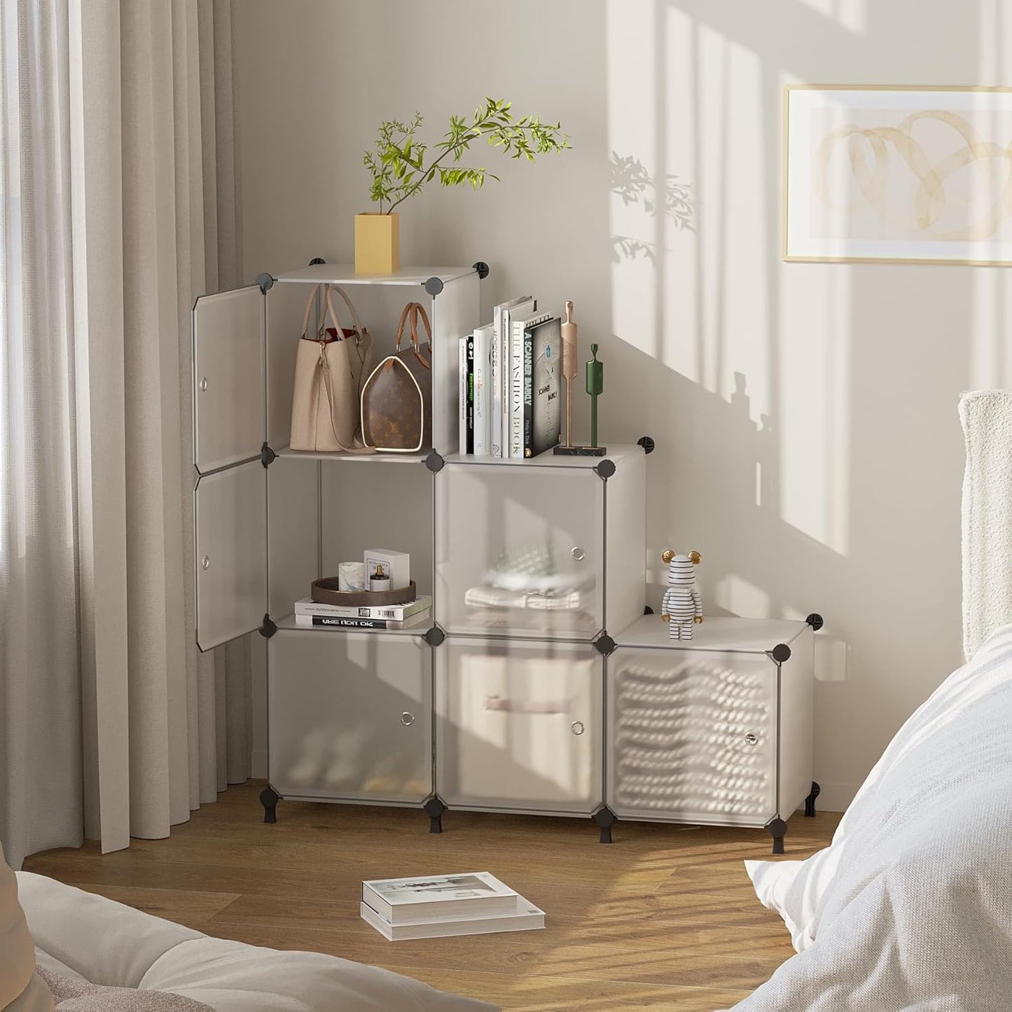 Cube Storage Organizer, 6-Cube Shelves Unit with Doors, DIY Stackable Plastic Clothes Organizer for Bedroom and Under Stairs Storage Unit, 30 x 30 x 30 cm Frosted White ATTSL6003