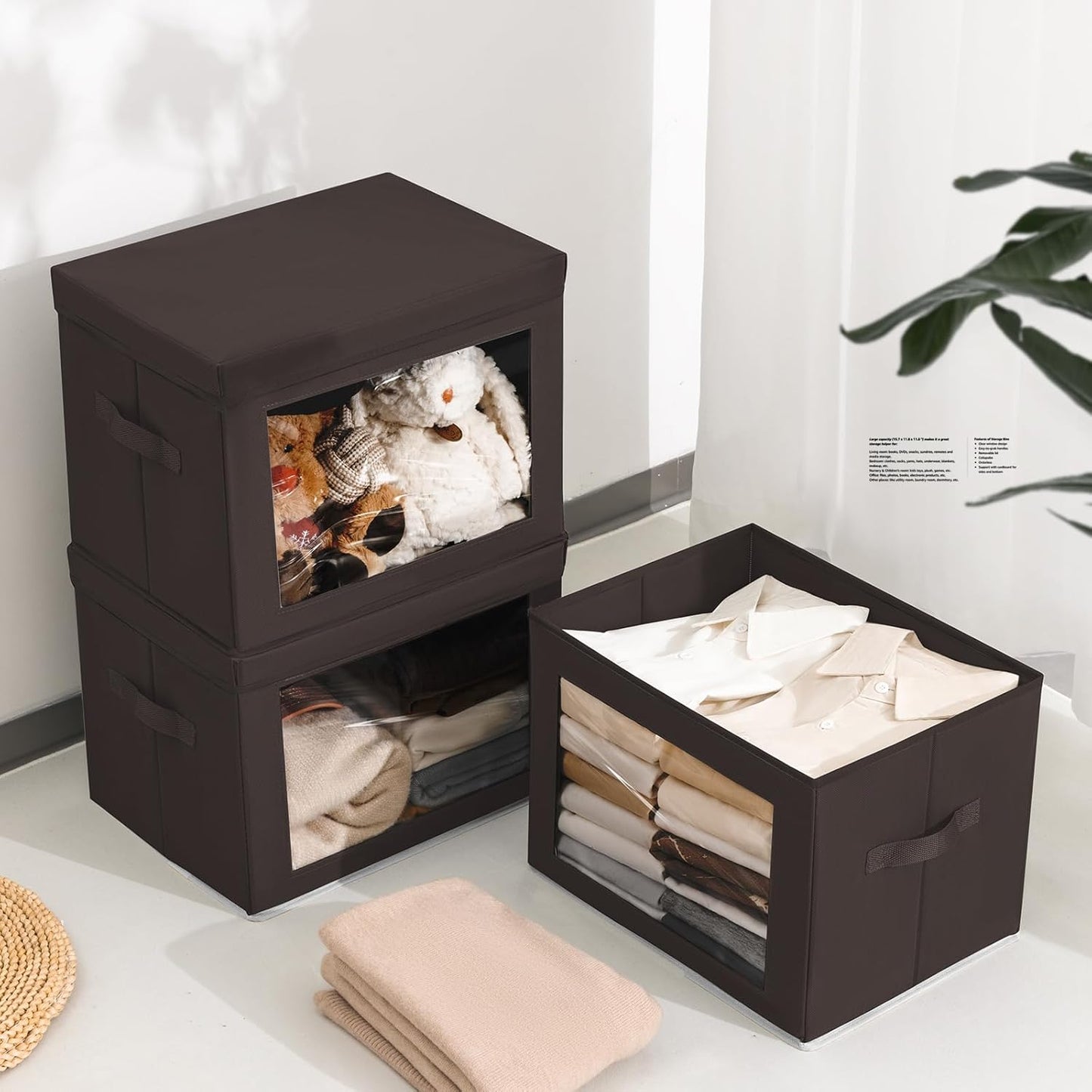 Stackable Storage Bins with Lids - Large Storage Box with Lids, Foldable Closet Boxes for Organizing, Wardrobe Clothes Organizer with Window, Cubes Bins for Living Room, 4 Pack, Brown