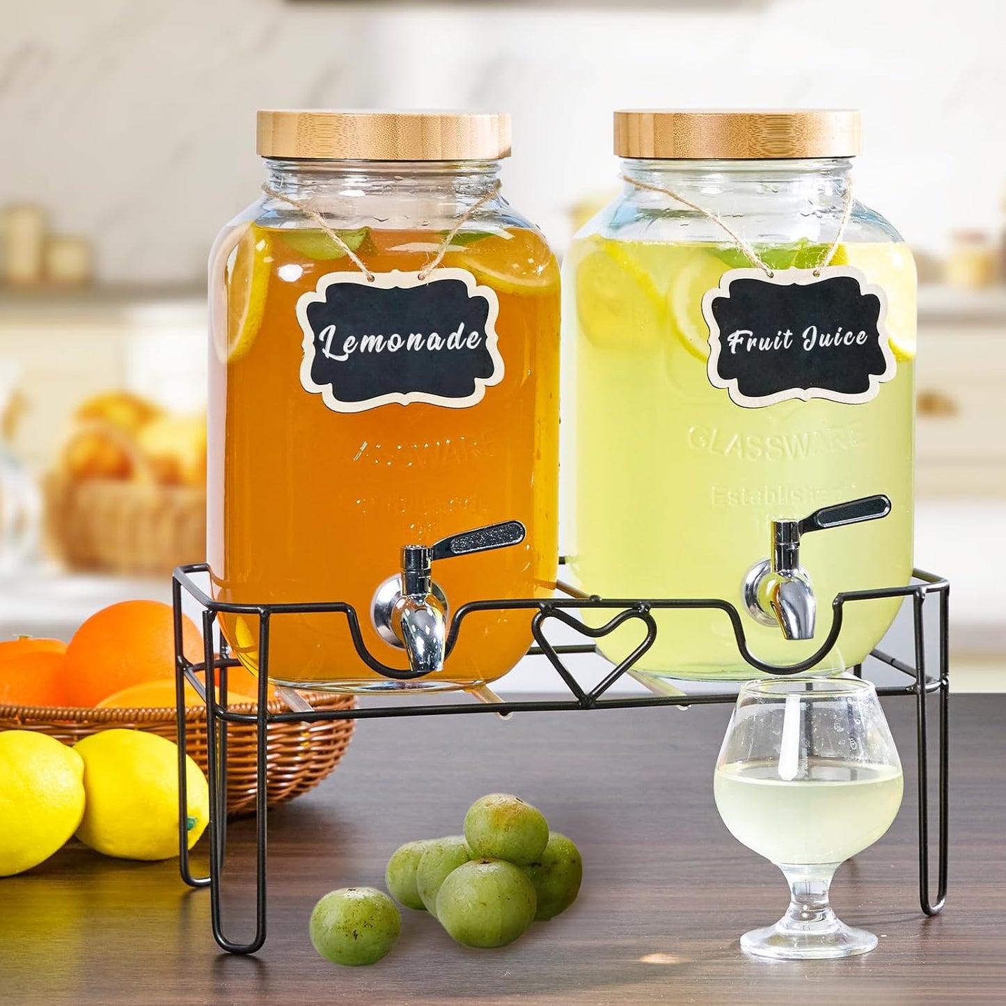 2 Pack1Gallon Glass Drink Dispensers with Stand&Bamboo Lids&Fruit Infuser,304 Stainless Steel Leak-Proof Spigot,Beverage Dispenser for Parties,Water Sangria Juice Sun Tea Lemonade(Natural)