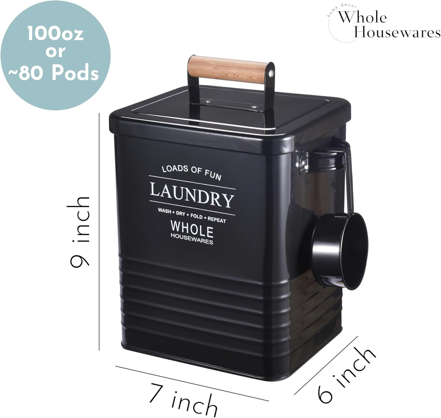 Whole Housewares Laundry Detergent Container - Tin Farmhouse Metal Laundry Powder Soap Dispenser With Scooper, Airtight Lid And Handles - Vintage Soap Pod Holder Storage Bin With Lid And Scent Holders
