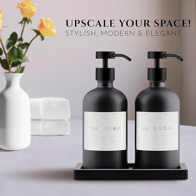 Lotion, Hand & Dish Soap Dispenser for Kitchen Sink - Bathroom Soap Dispenser Set of 2 16.8 Oz Glass Bottles with Stainless Steel Pump, 15 Water Proof Labels & Silicon Tray (Black)