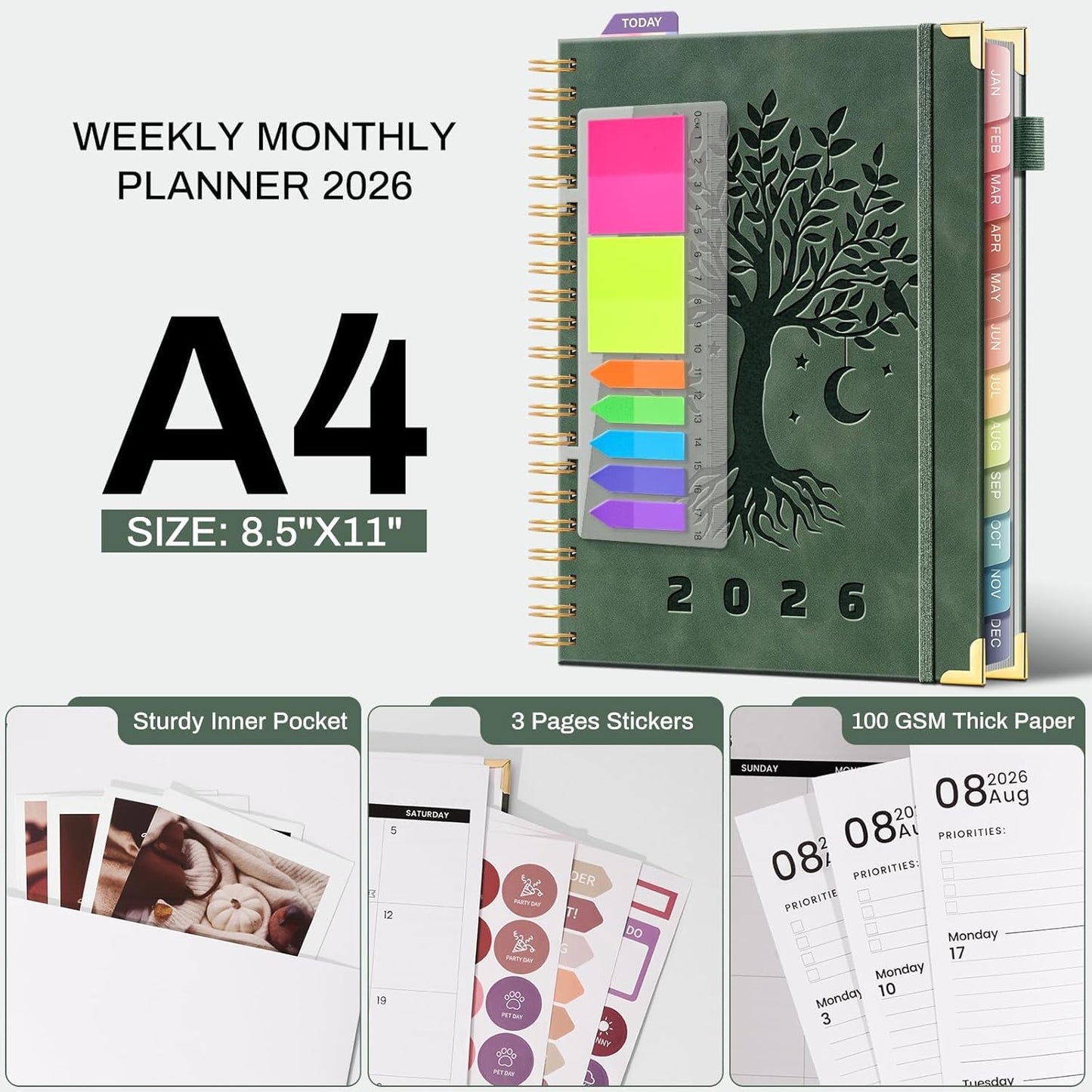 2026 Planner Weekly and Monthly Hardcover Leather Planner with Tabs 53 Weeks Schedule 8.5" x 11" Planners with Stickers for Women Yearly Agenda with Inner Pocket, Green(Tree of Life)
