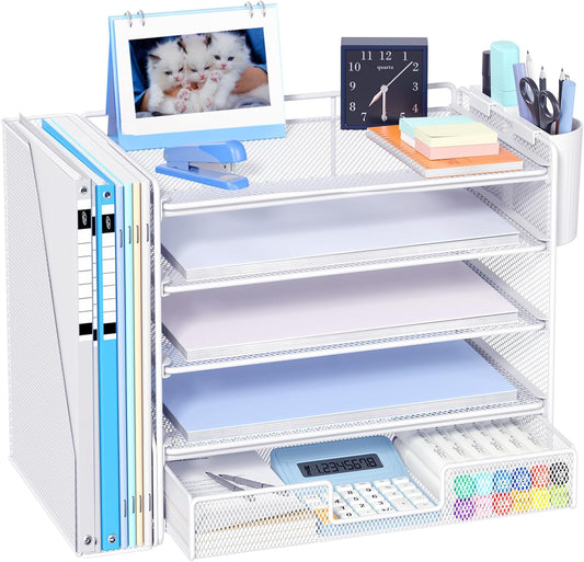 Desk Organizers and Accessories with File Holder, 5-Tier Office Desk Accessories & Workspace Desktop Organizer with Drawer and 2 Pen Holder, File Paper Organizer for Office Supplies(White)