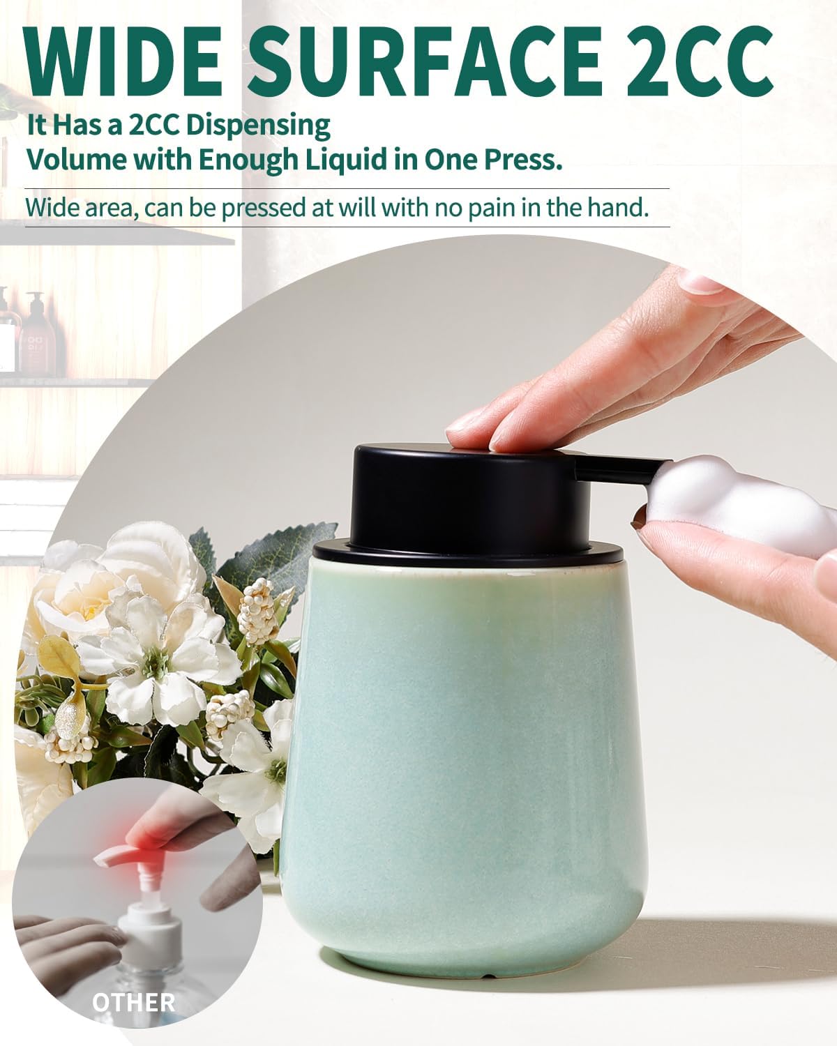 BosilunLife Foam Hand Soap Dispenser - 12 oz Bathroom Lotion Hand Pump Dispenser Light Green Foaming Soap Dispenser Ceramic Dish Liquid Dispenser for Kitchen