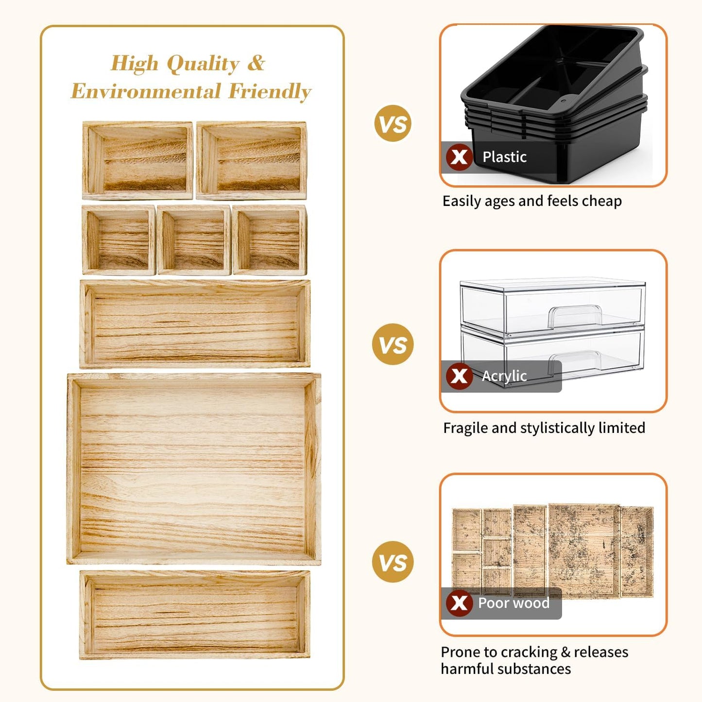 Rustic 8 Piece Wood Desk Drawer Organizer Tray, Nightstand Organizer, 4 Size Wooden Drawer Divider Organizer Set For Office Vanity Makeup Jewelry Bedroom Clothes Storage(Natural)