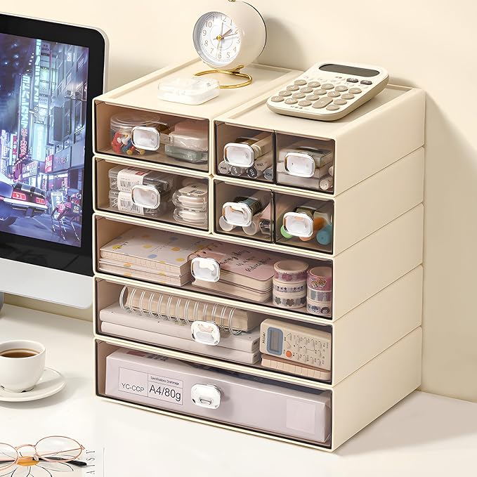 Spacious Desktop Storage Box, 2 Large Storage Drawers, Stackable Office Desk Drawer Organizer and Accessories, Printer Paper Organizer, Cream Plastic Drawers for Workspace