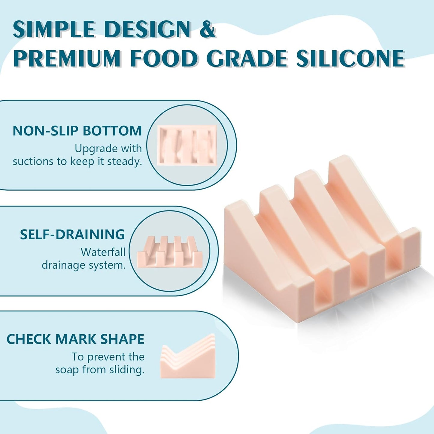 Self Draining Soap Dish Holder,Silicone Soap Dish,for Bathroom,Kitchen, Sponges，Can Extend Soap Life，Keep Soap Bars Dry and Easy Cleaning (2, Pink)