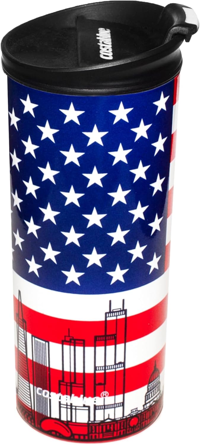 USA Vacuum Insulated Stainless Steel Thermal Travel Mug, 16 oz, Easy Clean, Flip leak Proof Lid United States of America Flag with USA Skylines…
