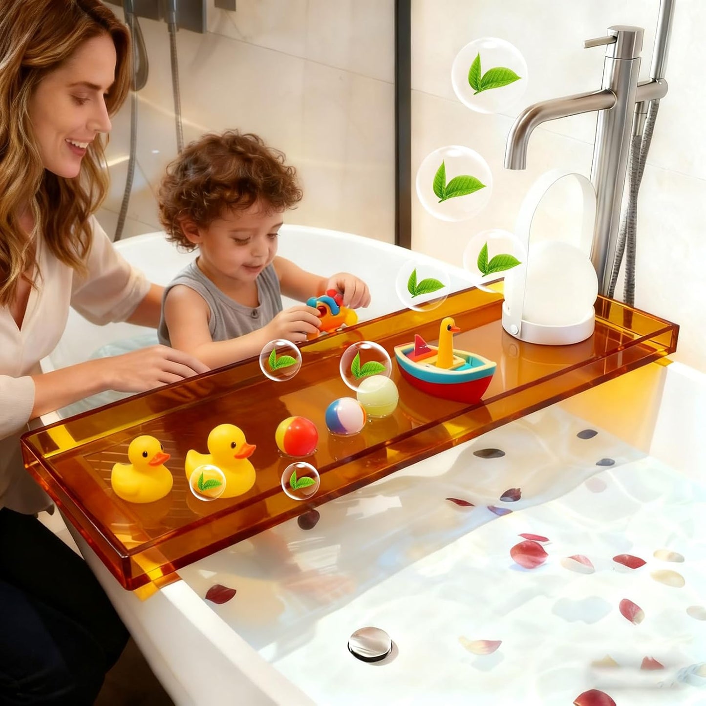Bathtub Tray Table, Clear Acrylic, Anti-Slip Bath Caddy, (Amber, L29.9 x W7.87 x H1.18)