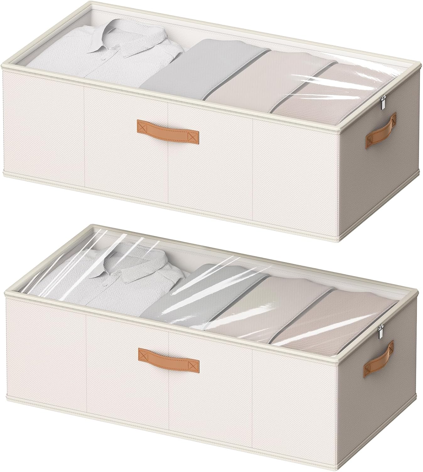 10 Inch 2 Pack Under Bed Storage Containers, 10 Inch Tall Underbed Clothes Storage Organizer Bin with Clear Window，Foldable Box Basket for Clothes, Closet, Bed Sheets and Blankets White