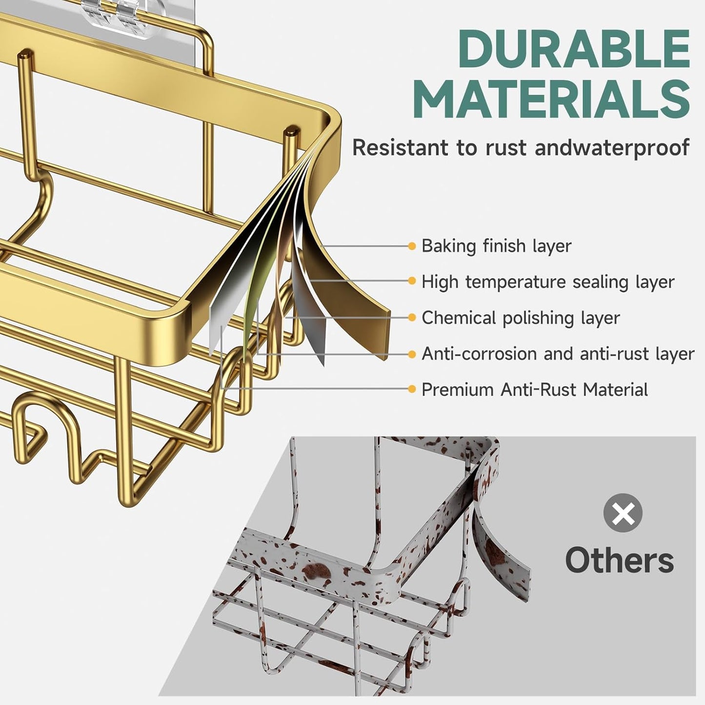 Veken Adhesive Shower Caddy 5-Pack,Heavy Weight Bearing,Large Wall Mounted Shower Shelves Rack,Organizer Storage Accessories with Soap Dish&Toothbrush Holder,Ideal for Bathroom,Home&Kitchen,Gold