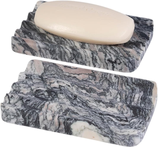 2 Pcs Soap Holder for Bathroom, Marble Soap Dish for Kitchen Countertop, Soap Tray with Creative Wavy Design, Saver for Bath Tub, Sponges, Italian Natural Stone(Rosso Luana)