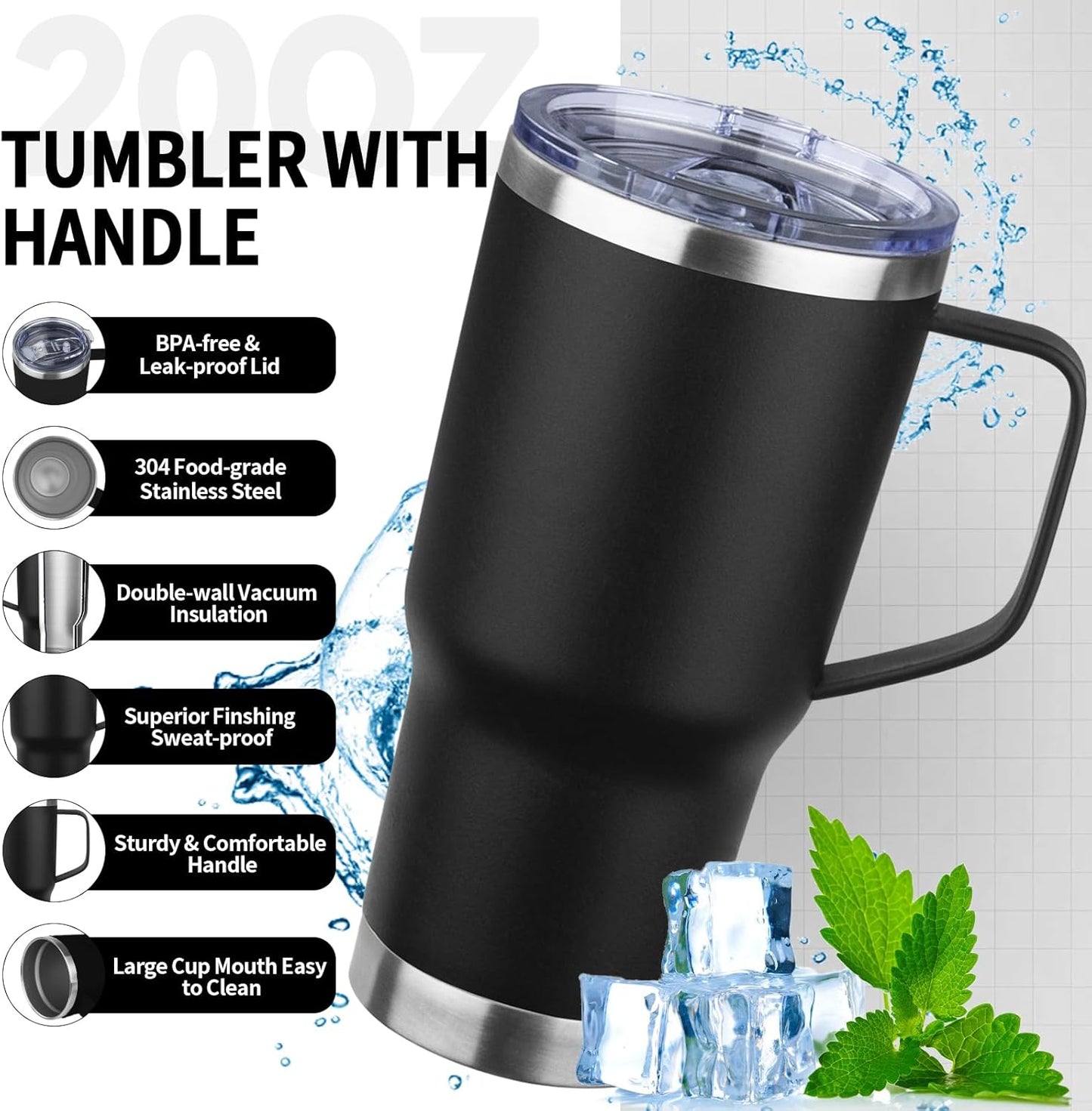 20oz Insulated Tumbler with Handle Stainless Steel Travel Coffee Mug with Lid and Straw Double Wall Vacuum Leak-proof Reusable Thermal Water Cup for Hot and Cold Drinks (Black,1 Pack)