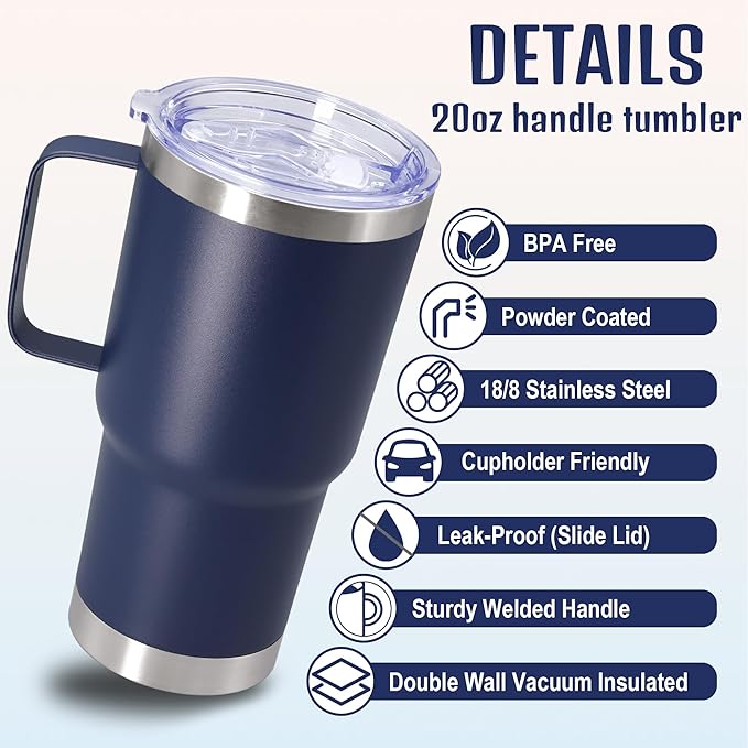 20 oz Tumbler with Handle and Lid, Stainless Steel Tumbler Insulated Travel Coffee Mug, Spill Proof Double Wall Vacuum Tumbler Cup Keep Drink Hot & Cold, Navy,12 Pack