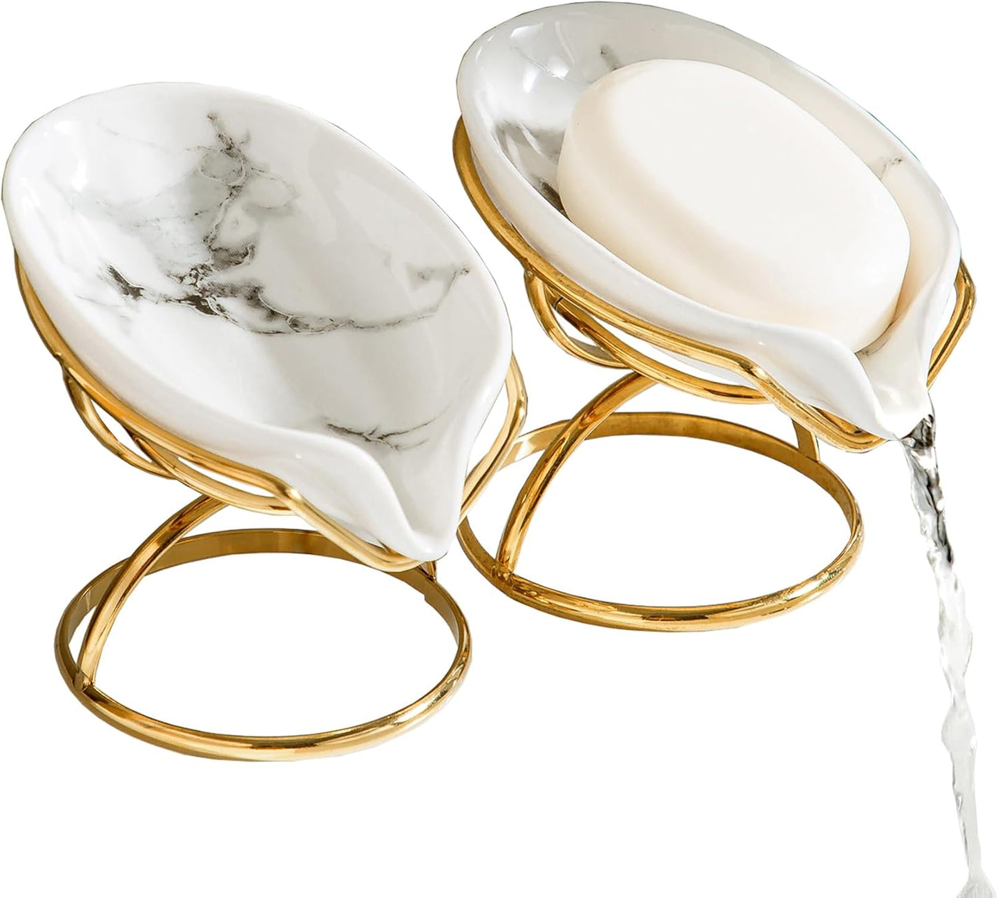 Leaf-Shaped Soap Dish – Ceramic Soap Bar Holder with Self-Drainage System – Bar Soap Holder for Shower, Bathroom Sink, Kitchen – Soap Dish with Stainless Steel Stand (White-Gold-2 Pack)