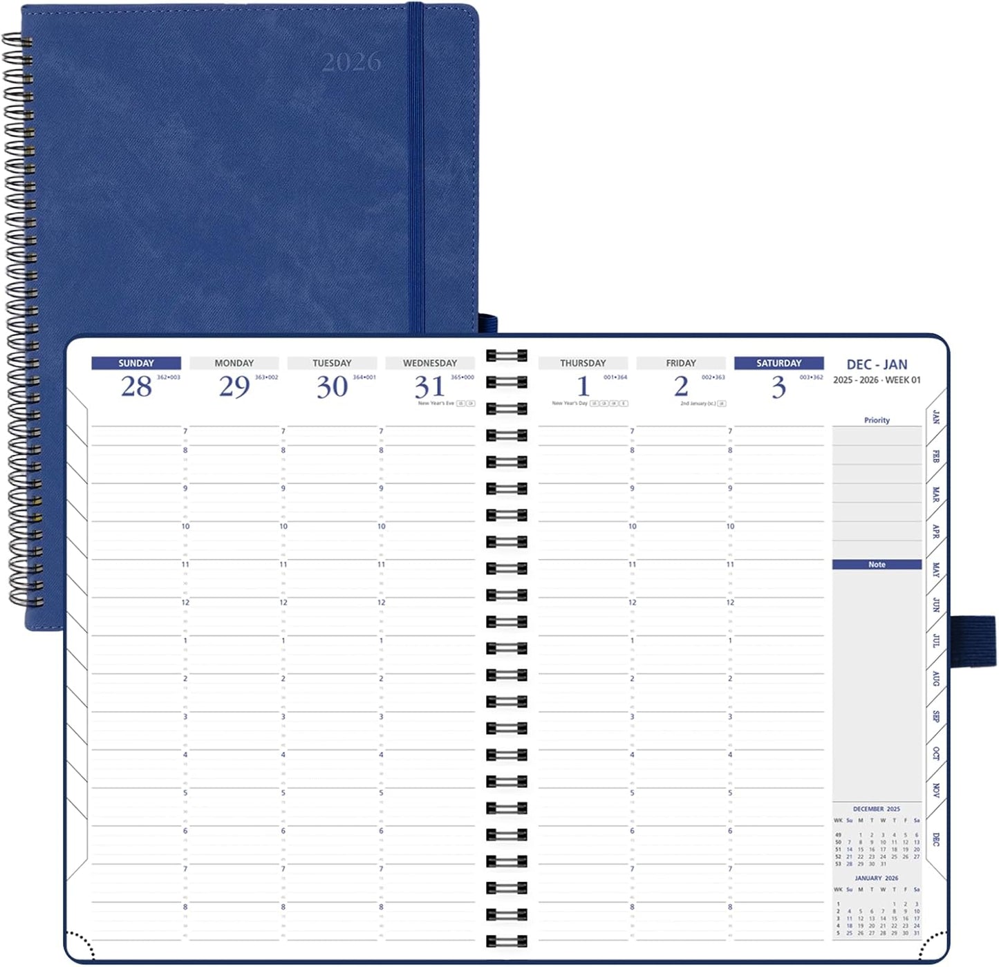 POPRUN 2026 Weekly Planner (A4-8.25'' x 11.75''), Quarter-Hourly Appointment Book (Jan. 2026 to Dec. 2026) with Monthly Tabs, Spiral Softcover, 2 Inner Pockets, Pen Holder - Indigo Blue