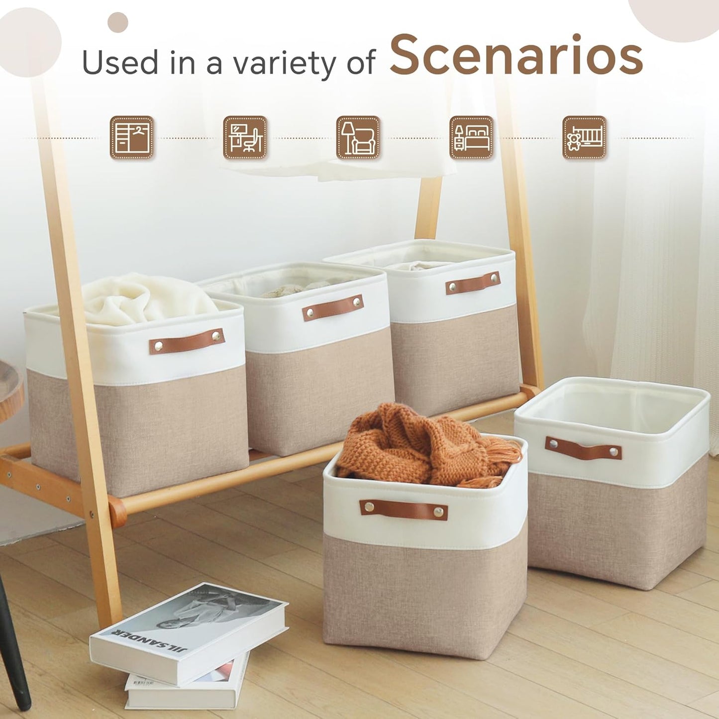 Cube Storage Baskets 6 Pack, 11x11 inch Foldable Cube Storage Bins with Leather Handles for Shelf Closet Nursery Toys (White/ Khaki)