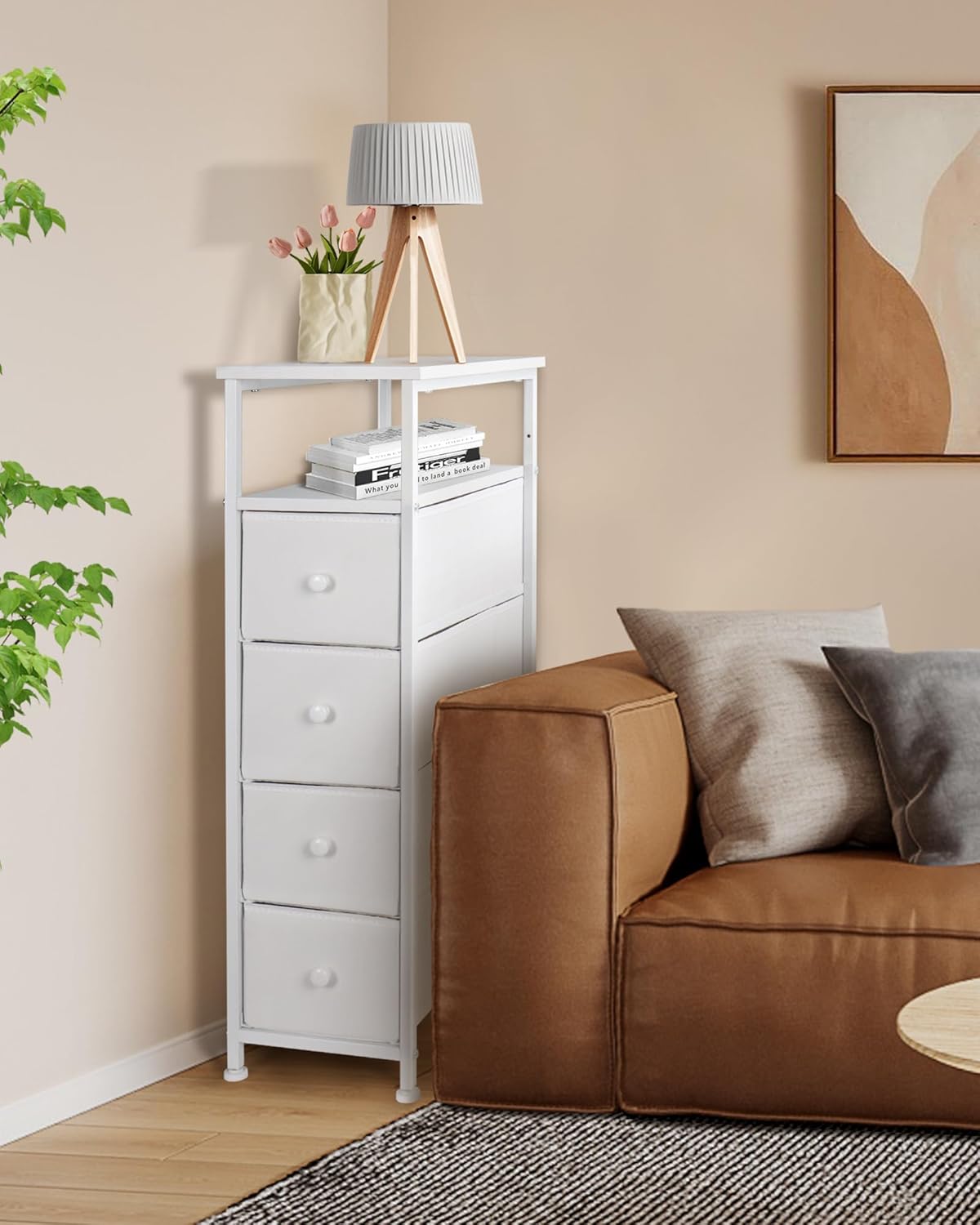 Narrow Dresser for Bedroom, Fabric Tall Dresser & Chests of Drawers with 4 Drawers, Vertical Organizer Storage Tower Unit for Bedroom, Hallway, Entryway White