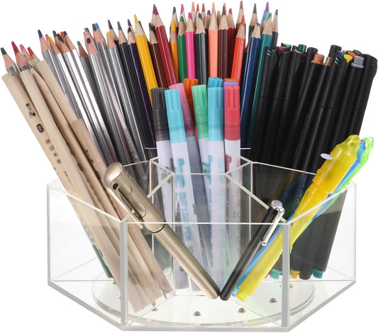 Zonon Acrylic Pen Holder Pencil Organizer 360 Degree Rotating Art Pencil Holder Organizer with 7 Compartments Acrylic Hexagon Pen Cup for Home Office Supplies(Clear)
