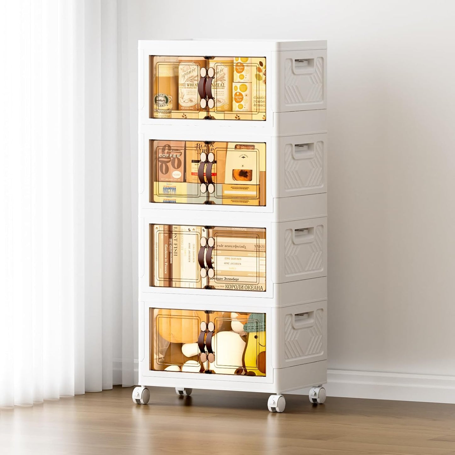 JEKO&JEKO 139Qt Stackable Storage Bins with Lids and Wheels, Foldable Collapsible Plastic Boxes for Clothes, Home, White, 4 Pack