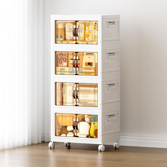 JEKO&JEKO 139Qt Stackable Storage Bins with Lids and Wheels, Foldable Collapsible Plastic Boxes for Clothes, Home, White, 4 Pack